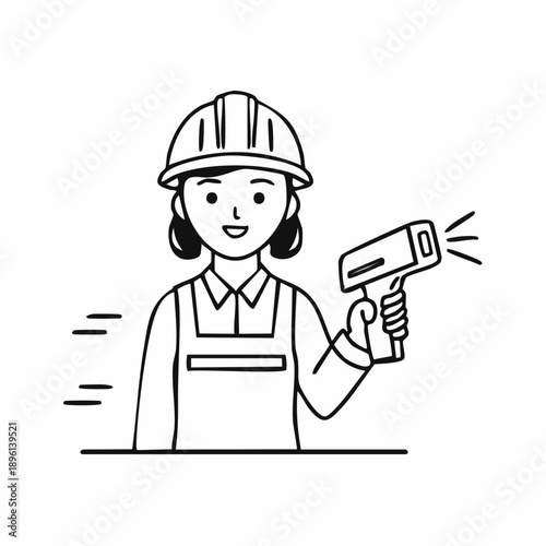 ハンディスキャナーで検品作業を行う現場スタッフの物流管理アイコン 白背景