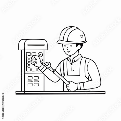 制御盤を操作する現場作業員の設備管理とスマート工場ラインアイコン 白背景