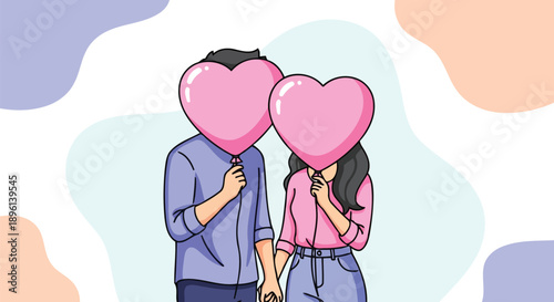 Lovers hiding kiss behind pink heart balloon vector illustration