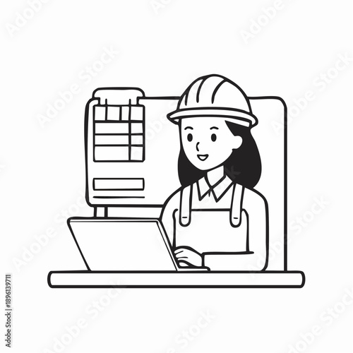 制御盤を確認しタブレット操作するスマート工場作業アイコン 白背景