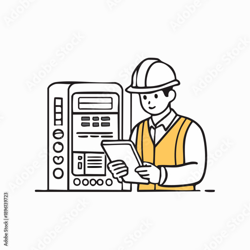 制御盤を確認しタブレット操作するスマート工場作業アイコン 白背景