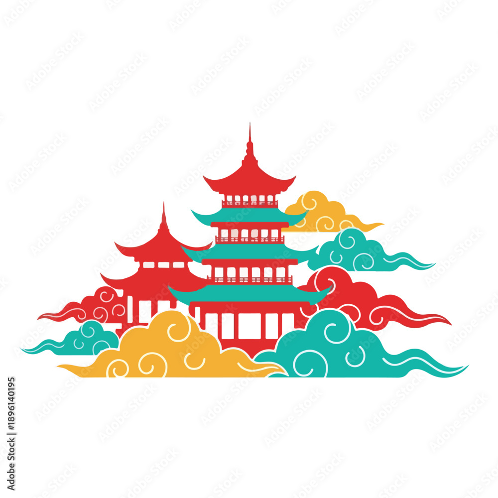 custom made wallpaper toronto digitalStylized vector illustration of traditional red and teal Chinese pagodas surrounded by dynamic, colorful Asian clouds, evoking cultural heritage and serene landscapes