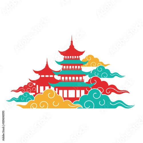Wallpaper Mural Stylized vector illustration of traditional red and teal Chinese pagodas surrounded by dynamic, colorful Asian clouds, evoking cultural heritage and serene landscapes Torontodigital.ca