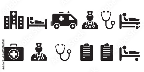 Hospital building patient bed ambulance doctor stethoscope first aid kit medical clipboard icons