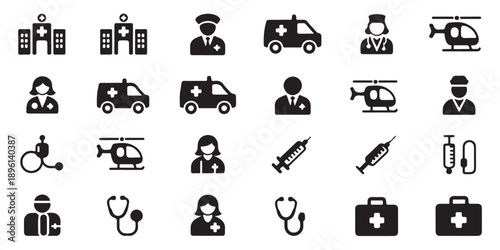 Hospital doctor nurse ambulance helicopter patient wheelchair syringe first aid kit medical icons