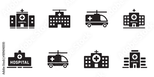 Hospital and ambulance icons with text hospital including helicopter and building exterior