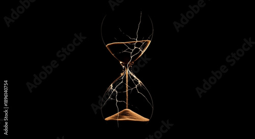 Cracked hourglass with sand flowing on black background symbolizing time concept