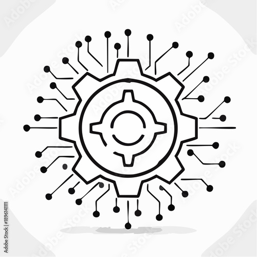 歯車とデジタル回路で表現した業務自動化とDXテクノロジーアイコン 白背景