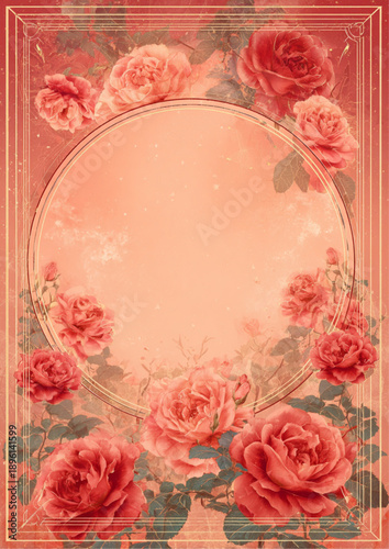 Elegant Vintage Floral Frame with Roses and Soft Pastel Red Decorative Design