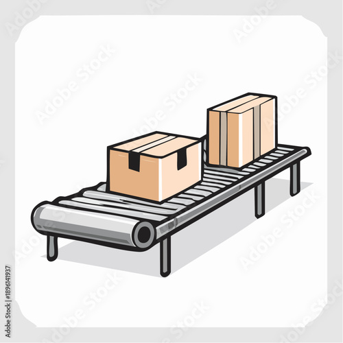 コンベアベルトで荷物を搬送する倉庫物流ラインアイコン 白背景