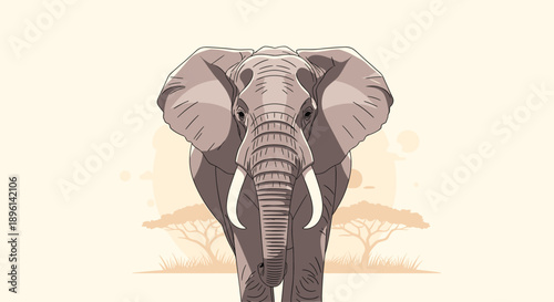 Close up front view of a majestic African elephant with large tusks walking through the savanna with acacia trees in the distance.