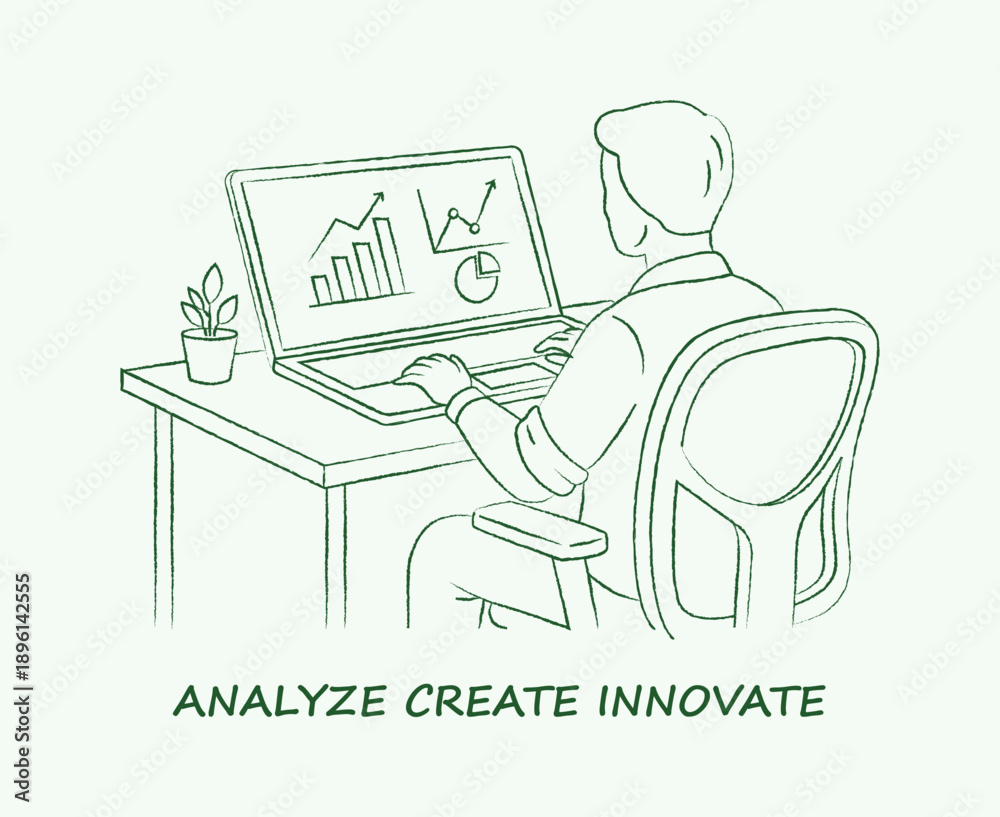 Fototapeta premium Business Data Analysis Illustration – Professional Working on Analytics Dashboard Line Art