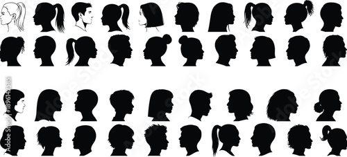 human, head, silhouette, black, white, icon, illustration, vector, design, symbol, profile, face, hairstyle, diverse, people, anatomy, character, portrait, identity, diversity, appearance