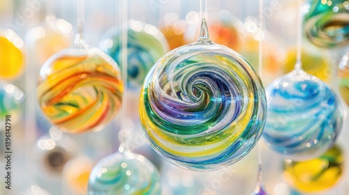 Delicate blown glass orbs containing swirling colors are displayed hanging as festive decorations