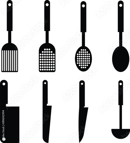Set of 8 kitchen utensils cooking tools flat design vector illustration isolated