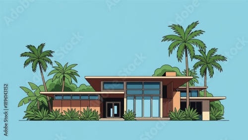 Modern glass-front house with palm trees under a clear blue sky.