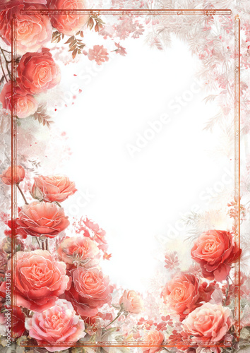 Elegant Vintage Floral Frame with Roses and Soft Pastel Red Decorative Design