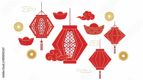 Chinese New Year Lanterns and Traditional Ornaments Collection with Gold Ingots and Coins