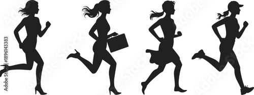 Running business woman silhouette set showing hurry commute lifestyle stress career rush isolated on white background black vector illustration