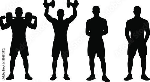 Male fitness silhouette set showing dumbbell workout training poses gym strength bodybuilding black vector illustration collection isolated