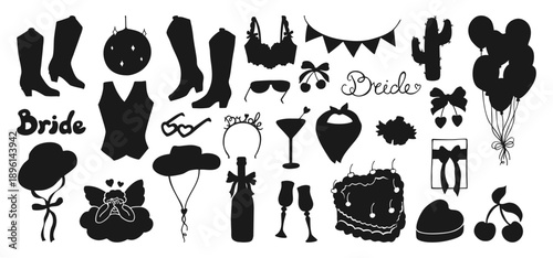 Hand drawn cowgirl and cowboy illustration set in coquette silhouette style. Vintage whimsical western symbols bows, boots, hats cactus. Cute retro art playful Texas charm trendy girly aesthetic