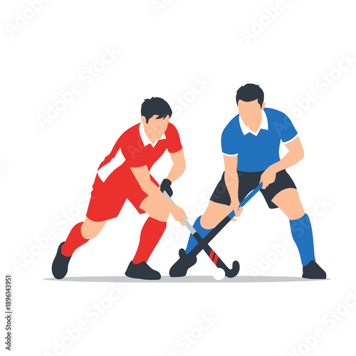 Field Hockey Players Competing with Sticks and Ball on White Background