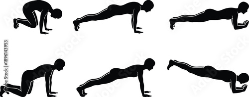 Fitness exercise silhouette set showing plank variations core workout positions bodyweight training isolated on white black vector illustration