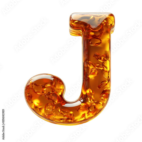 Top view of a 3D letter J made of Apple juice isolated on a white transparent background