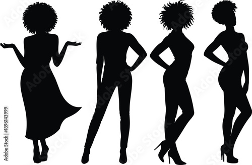 Stylish woman silhouette pose set with afro hairstyles showing confident fashion stances isolated on white black vector illustration