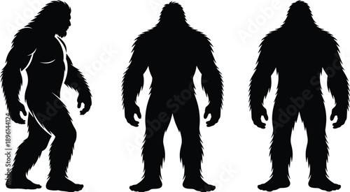 Bigfoot yeti monster silhouette character set showing front back and side views isolated on white black vector illustration