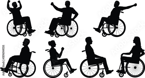 People in wheelchair silhouette set showing men and women active poses independence accessibility black vector illustration collection isolated