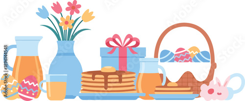 Easter coffee table setup with gift box and spring flowers flat vector
