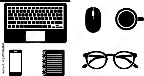 Top-Down Minimalist Workspace Vector Silhouette Icons - Flat Lay Desk Set
