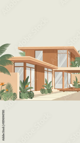 Sunny modern coastal villa with glass walls, palm trees, and outdoor lounge architecture on a bright day by the seaside.