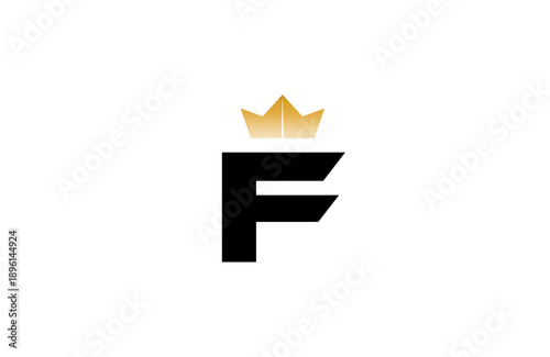 Elegant minimalist F logo featuring bold black  letter with luxurious gold crown accent above, clean vector style for premium branding and identity