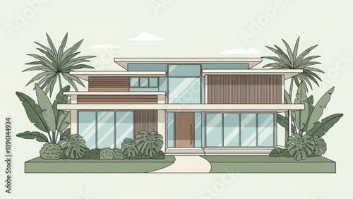 Modern two-story house with large glass windows and palm trees in a suburban front yard.