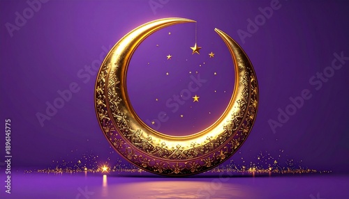 Golden crescent moon centerpiece with subtle stars on imperial plum background classic royal islamic scene