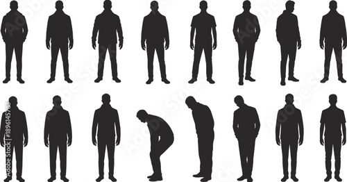 Man silhouette pose collection showing standing walking bending body positions isolated on white background black vector illustration set