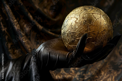 A dark, elegant hand holds a textured golden sphere against a richly patterned backdrop, evoking a sense of mystery and sophistication.