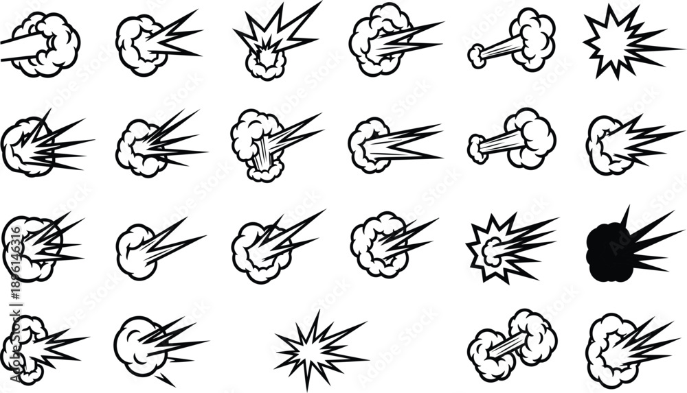 Fototapeta premium Explosion, comic book, cartoon, blast, boom, 25 black and white vector graphics, icons
