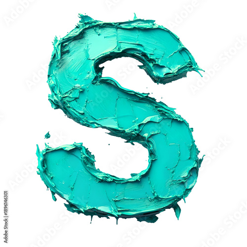Top view of a 3D letter S made of aqua paint isolated on a white transparent background