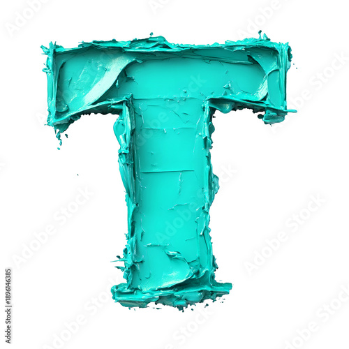 Top view of a 3D letter T made of aqua paint isolated on a white transparent background