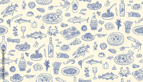 Mediterranean doodle food Seamless pattern Italian and Spanish cuisine. Summer Hand drawn coastal mood with wine and seafood elegant coastal cooking texture. Southern ocean atmosphere background