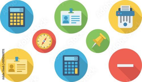 Flat business and office round icons set including calculator documents clock pin and payment symbols vector illustration