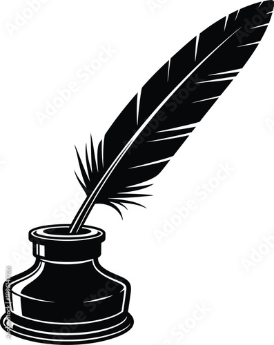 Silhouette of a quill pen in an inkwell isolated on transparent background