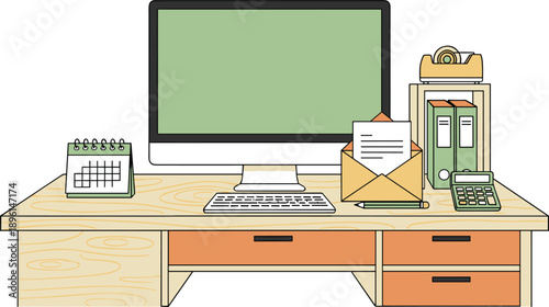 Modern office workspace illustration with computer desk files stationery and calendar organized home office interior vector design