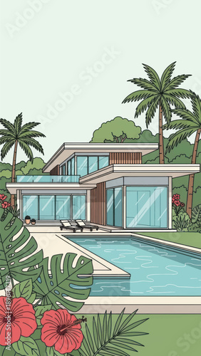 Modern tropical villa with glass-walled living spaces and swimming pool framed by lush landscaping and bright sunshine.