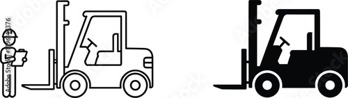 Forklift truck outline and solid icons set featuring warehouse logistics industrial transport and material handling symbols vector