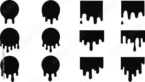 Collection of black dripping shapes including circles and squares with fluid drops isolated on transparent background