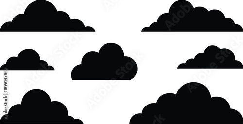 Collection of simple stylized black cloud shapes isolated on a white background for graphic design elements